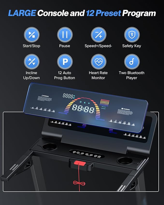 Auto Incline Treadmill, 12% Incline Heavyduty Treadmill with Pulse Sensor, 4.5HP, 10 MPH, 500 lbs Capacity, 20'' x 55'' Running Area Treadmills with Bluetooth Player & LED Display