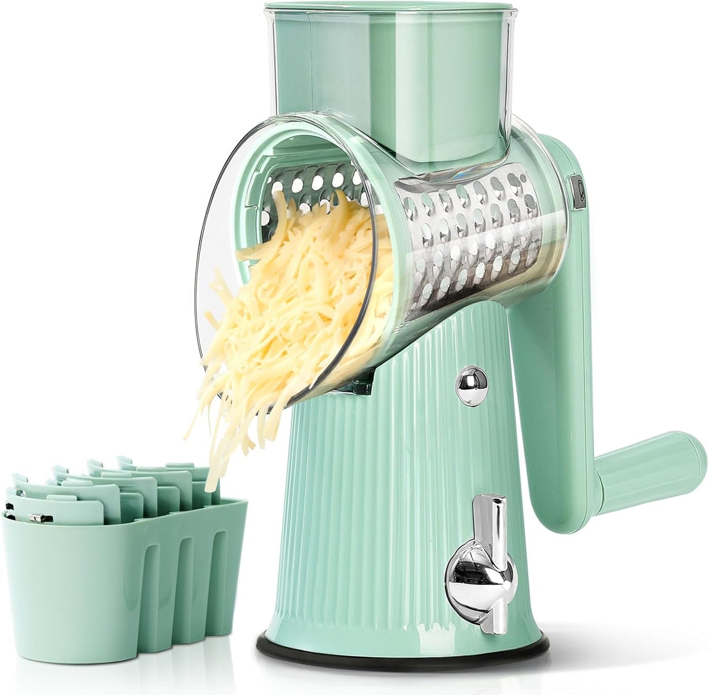 Rotary Cheese Grater قطاعة الخضار والسلطة with Handle, 3 in 1 Gourmet Cheese Grater and Food Slicer, Easy to Clean Kitchen Vegetable Slicer with 3 Sets Interchangeable Blades and Strong Suction Base