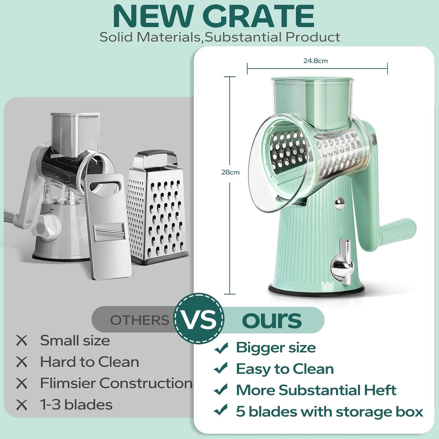 Rotary Cheese Grater قطاعة الخضار والسلطة with Handle, 3 in 1 Gourmet Cheese Grater and Food Slicer, Easy to Clean Kitchen Vegetable Slicer with 3 Sets Interchangeable Blades and Strong Suction Base