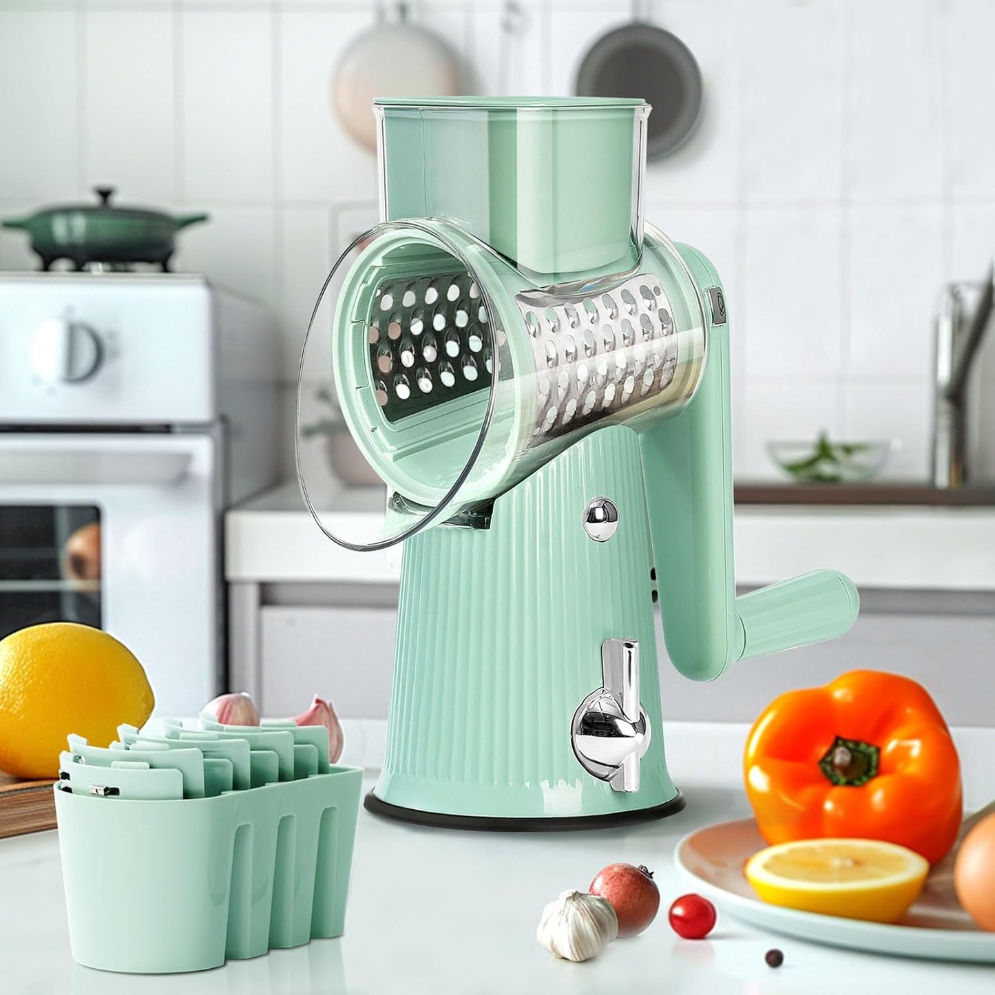 Rotary Cheese Grater قطاعة الخضار والسلطة with Handle, 3 in 1 Gourmet Cheese Grater and Food Slicer, Easy to Clean Kitchen Vegetable Slicer with 3 Sets Interchangeable Blades and Strong Suction Base